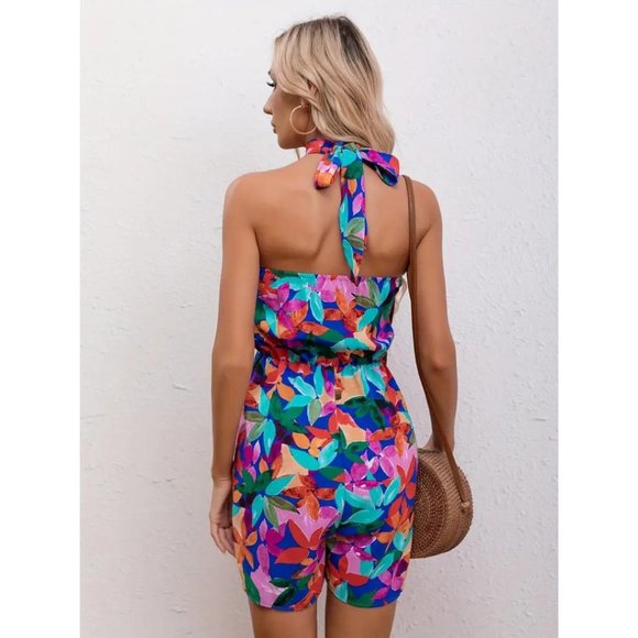 Boho Tropical Floral Romper Shorts Jumpsuit Halter Neck Rainbow Multicolor Blue - Picture 3 of 7